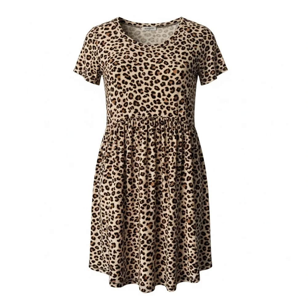 Leopard Print Short Sleeve Midi Dress - Beige/Black - Picture 3 of 11